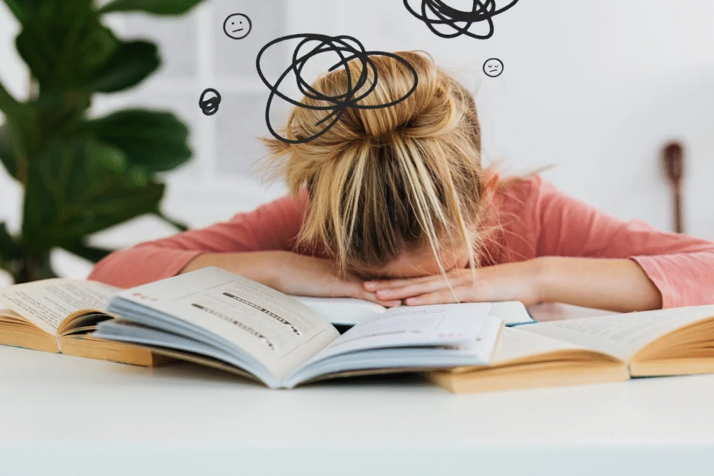 A woman appearing to show laziness by taking a nap on open books.