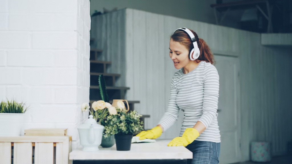 A woman listening to music while cleaning, depicting the task initiation strategy of creating a "productivity context".