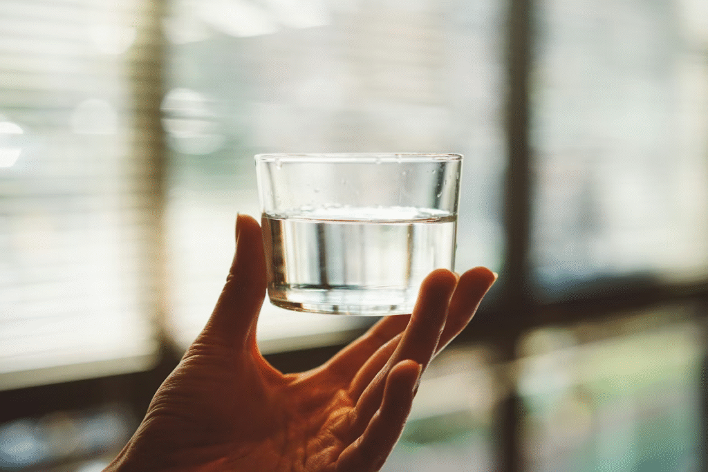 A small glass of water for hydration.
